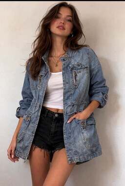 Steve Madden Women's Light Wash Denim Anorak Utility Jacket with Cinched Waist